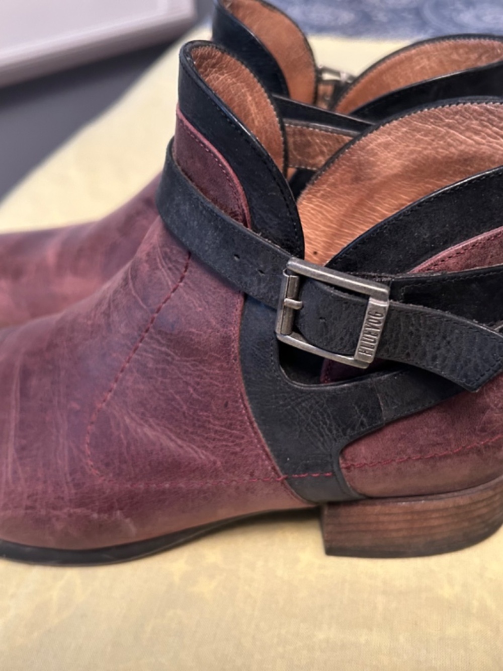 John Fluevog Leather Ankle Boots - Burgundy w/Black Strap Detail - Size 8